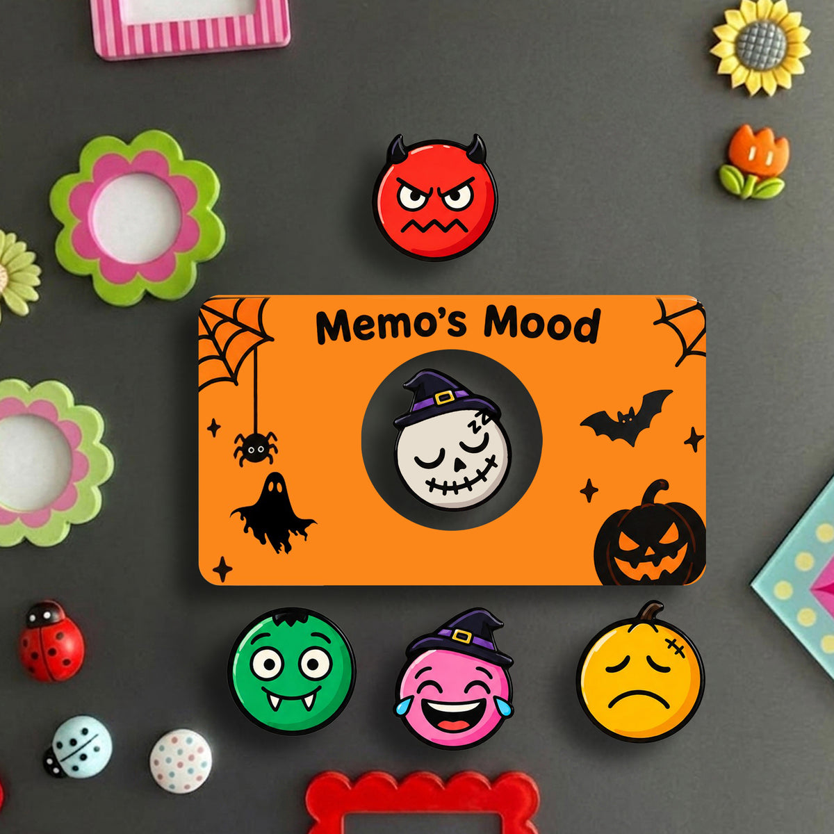 Daily Mood Magnet Halloween Edition with swappable spooky mood faces, flat lay