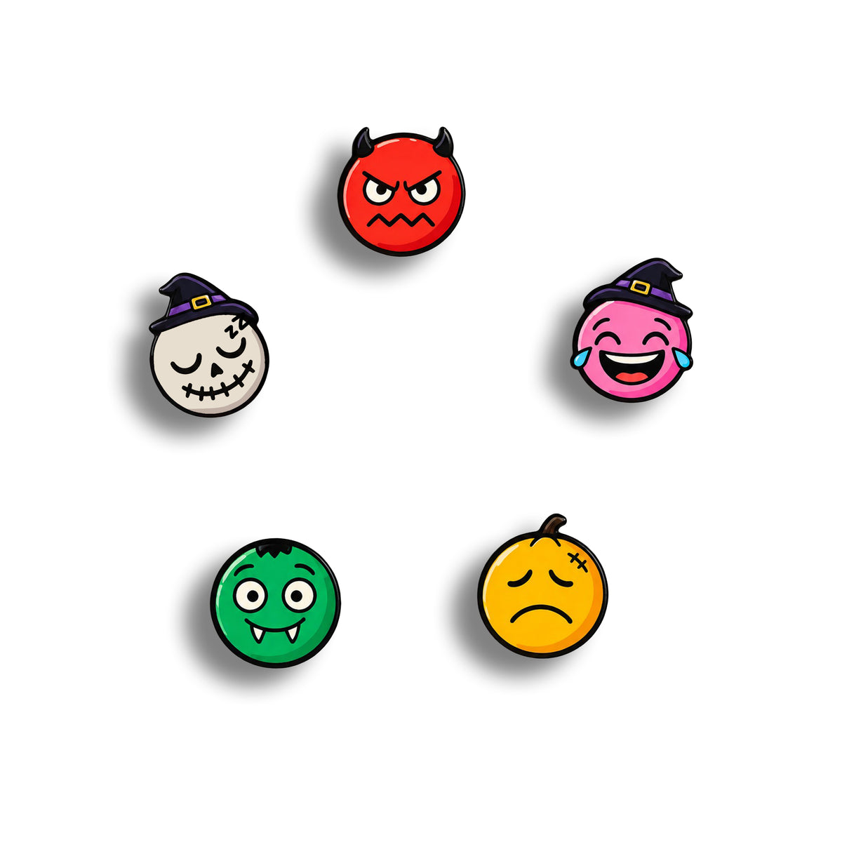 Set of five spooky Halloween mood faces for the Daily Mood Magnet: skeleton witch, green monster, sad pumpkin, laughing witch and angry devil